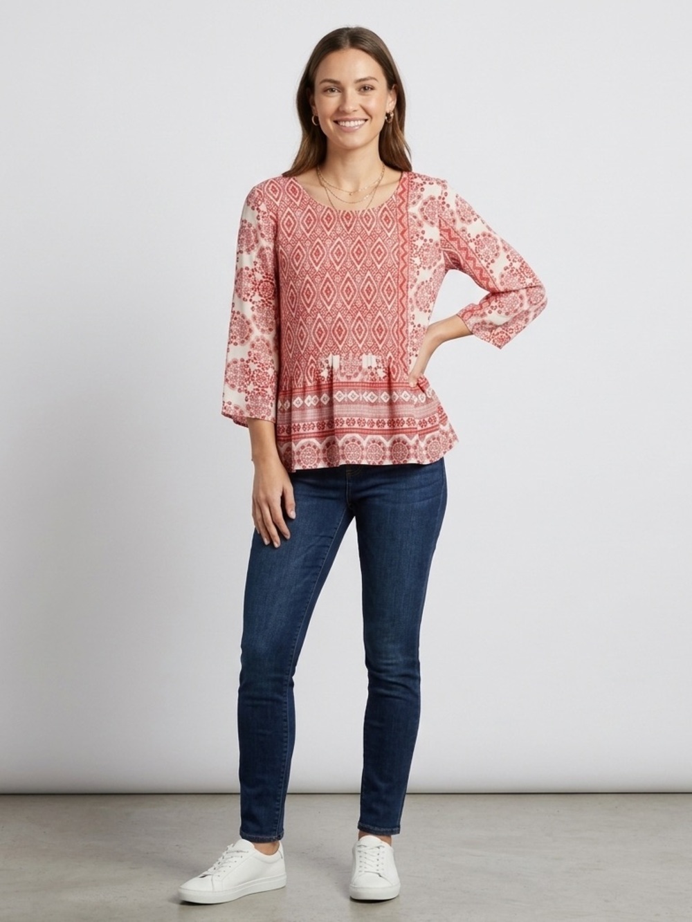 Collective Concepts Cutout Boho Flowy Peplum Ref White Patterned Blouse Small